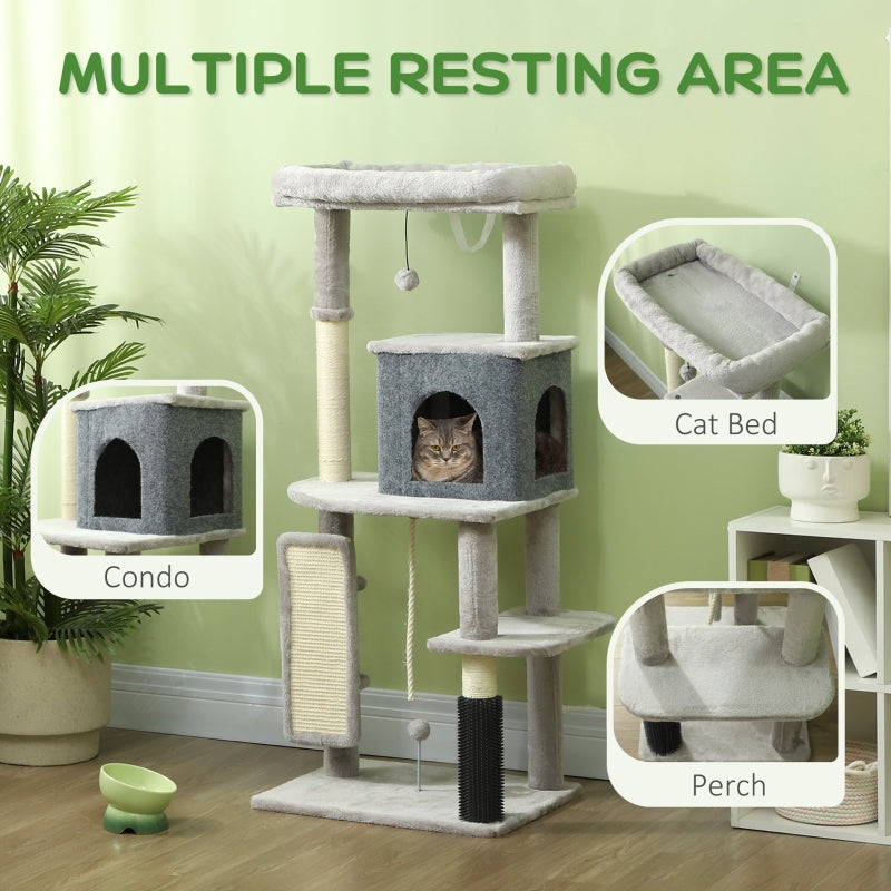 Cat Tree 132cm, with Scratching Posts, Pad, Cat Bed, Cat House, Jumping Platform, Grooming Brush, Anti-Tip Kit, Light Grey
