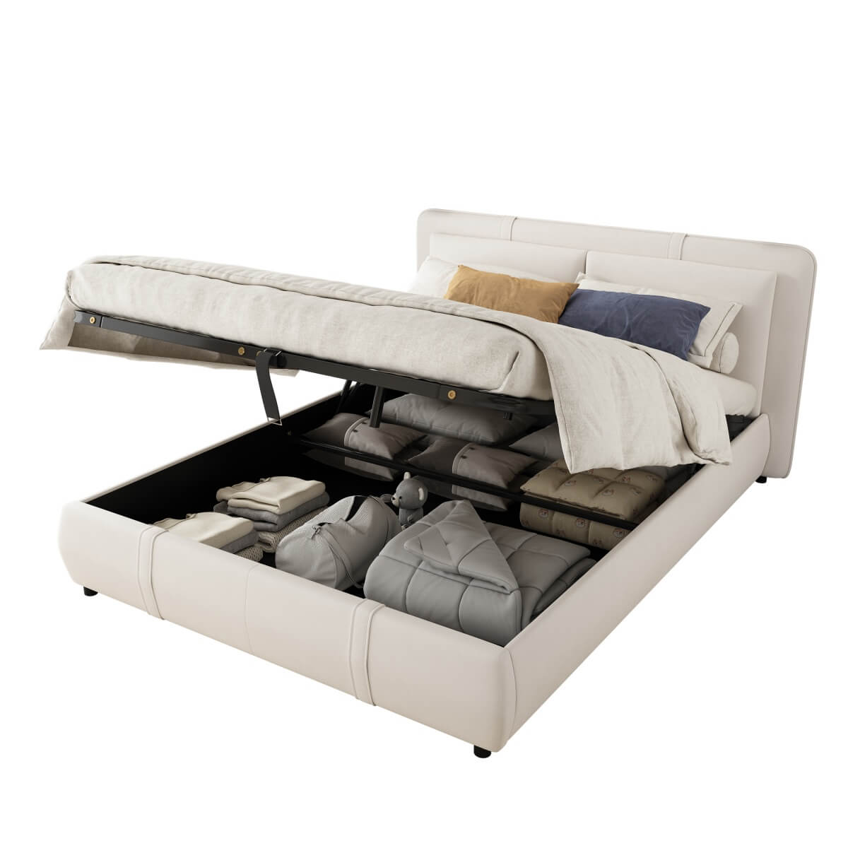 4ft6 Double Upholstered Storage Bed – Hydraulic Lift, Velvet Bed Frame with Removable Headboard, Beige