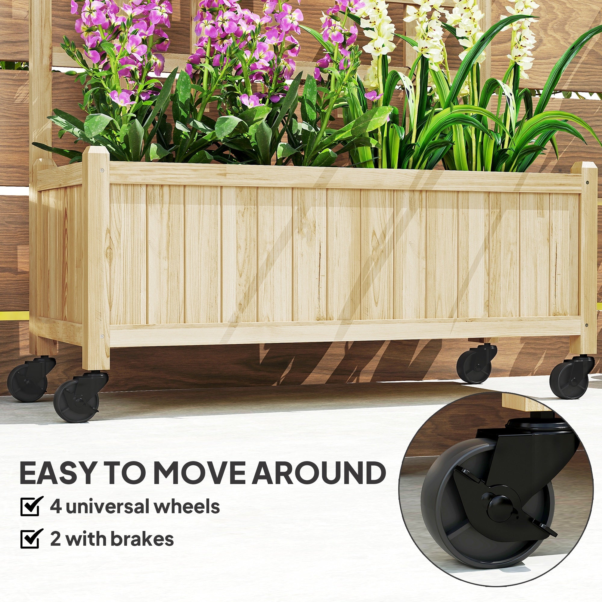 Wooden Trellis Planter, Raised Garden Bed with Wheels, Natural