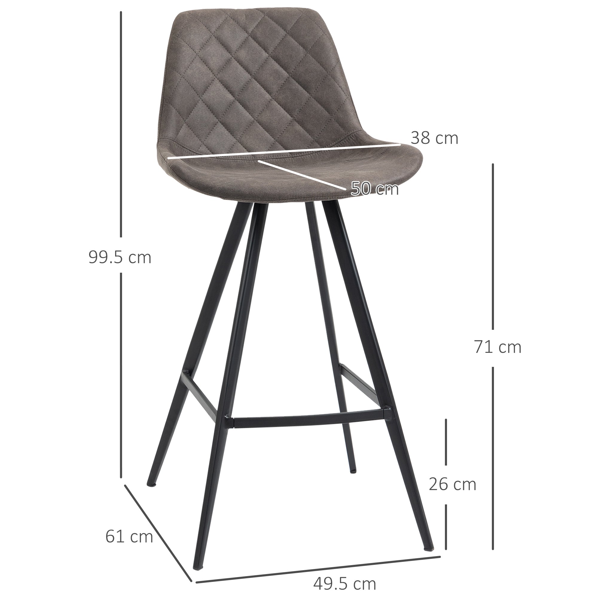 Set Of 2 Bar Stools, Padded Steel Frame Tub Seats, Dark Grey Microfiber Cloth
