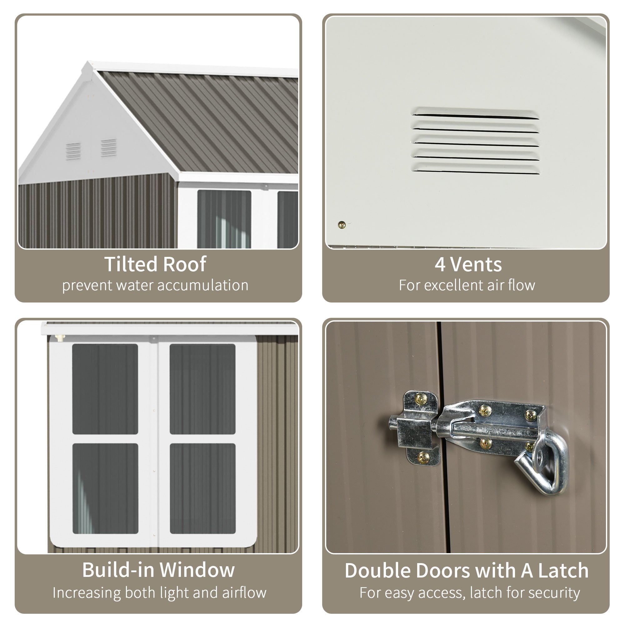 8 x 6 ft Galvanised Garden Shed with Double Doors and Air Vents, Grey