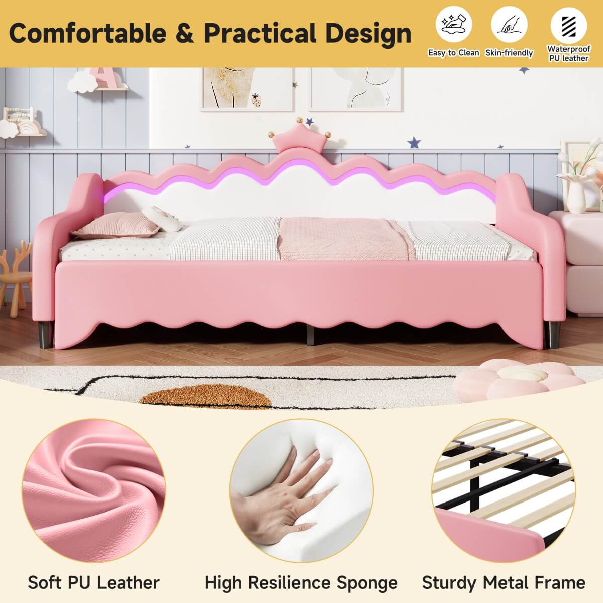 3FT Single Daybed with LED Crown Headboard – PU Leather Sofa Bed with Trundle for Living Room or Bedroom