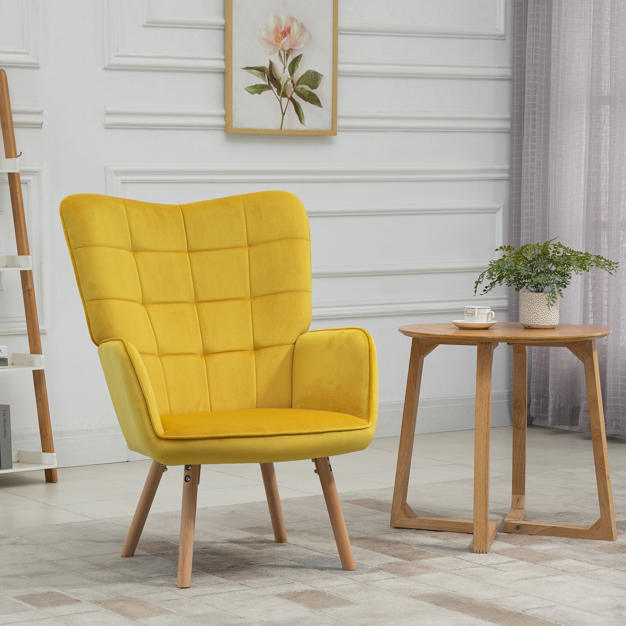 Modern Accent Chair, Tufted Wingback Armchair with Wood Legs, Yellow Velvet