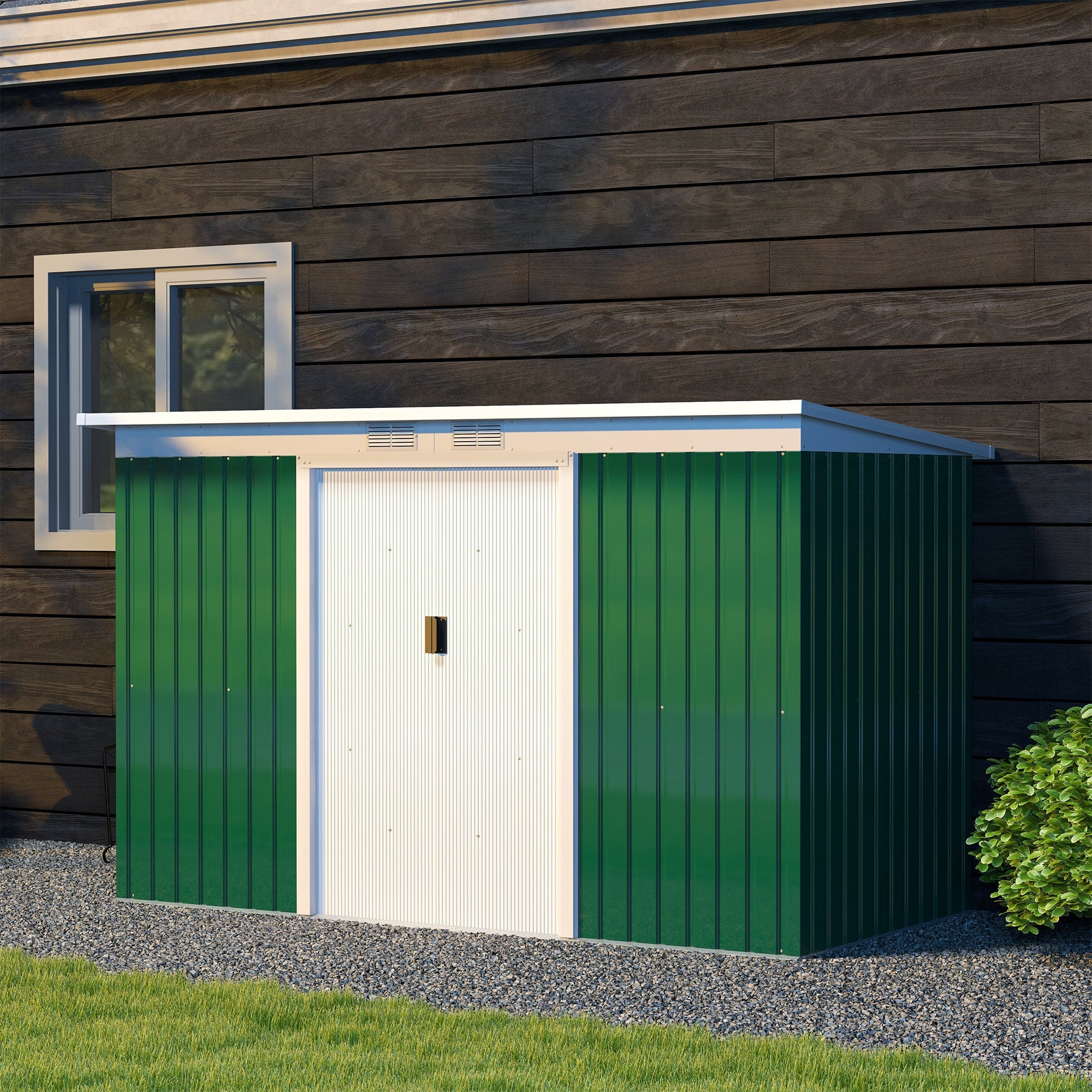 9ft x 4ft Metal Garden Shed with Foundation Kit, Ventilations, Double Doors, Deep Green