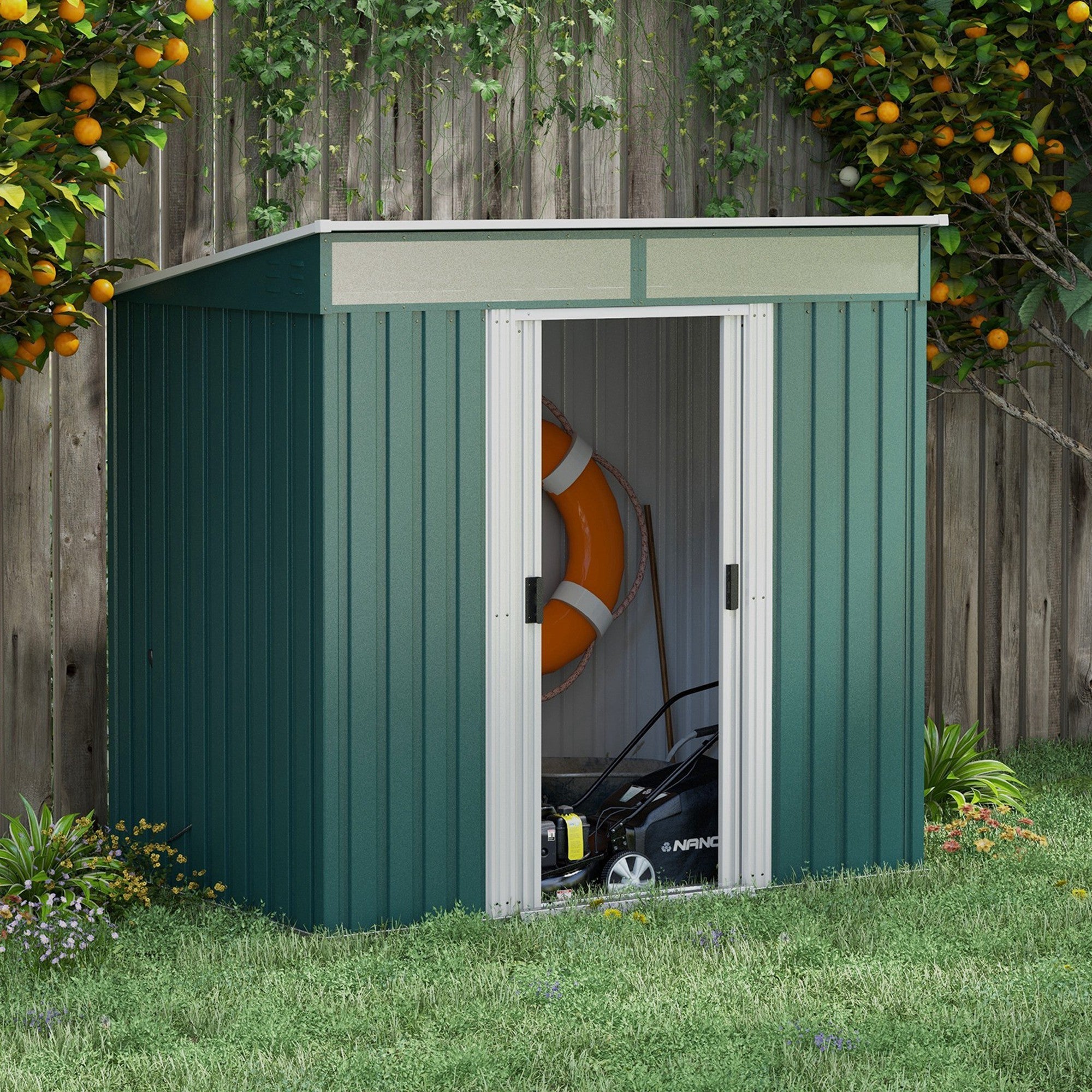 Galvanised Metal Shed, 6.5 x 4FT with Foundation Kit, Lockable Double Sliding Doors, Vents, Green