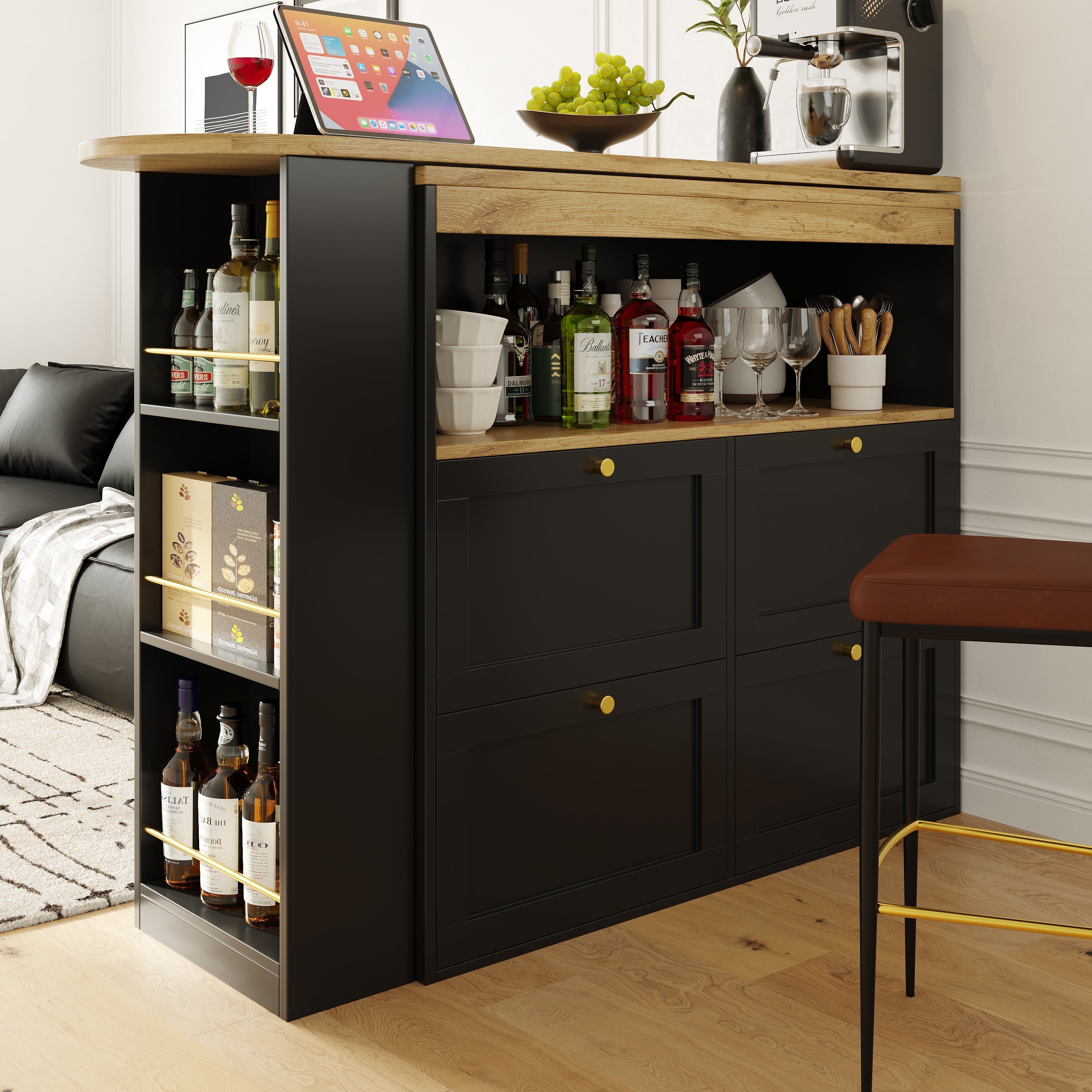 360° Swivelling Bar Table (Main Body 105 x 39 x 102 cm), with 4 Drawers and Open Shelves, Suitable for Dining Room/Study/Living room etc.