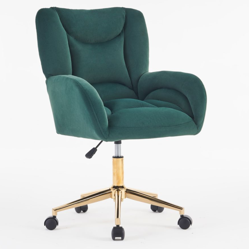 Full KD Velvet Fabric Home Office Chair: Adjustable Height, Swivel, Green with Gold Legs
