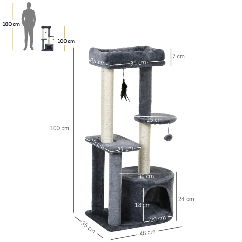 Cat Tree 100cm Cat Tower Condo with Sisal Scratching Posts, Hanging Toys, Perches - Grey