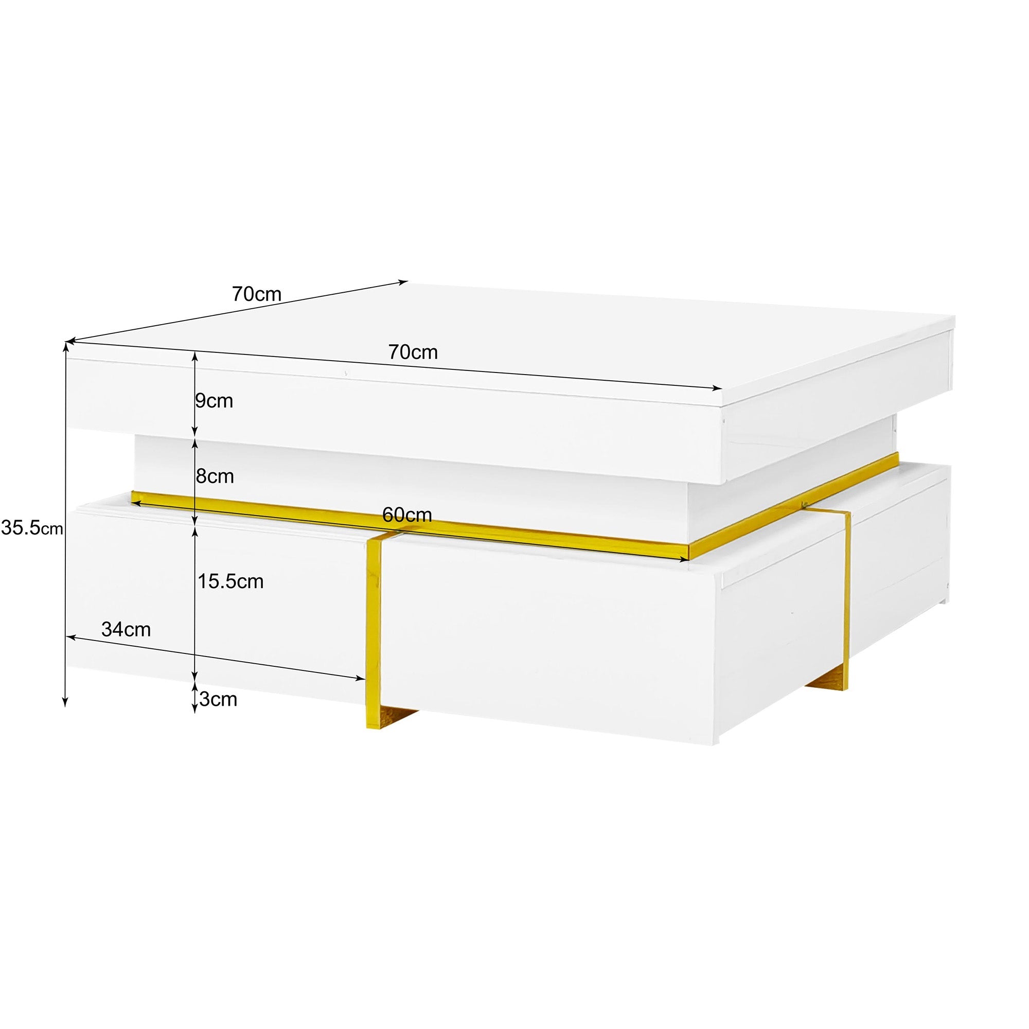 Coffee Table, High-Gloss, Drawers and Gold Accents