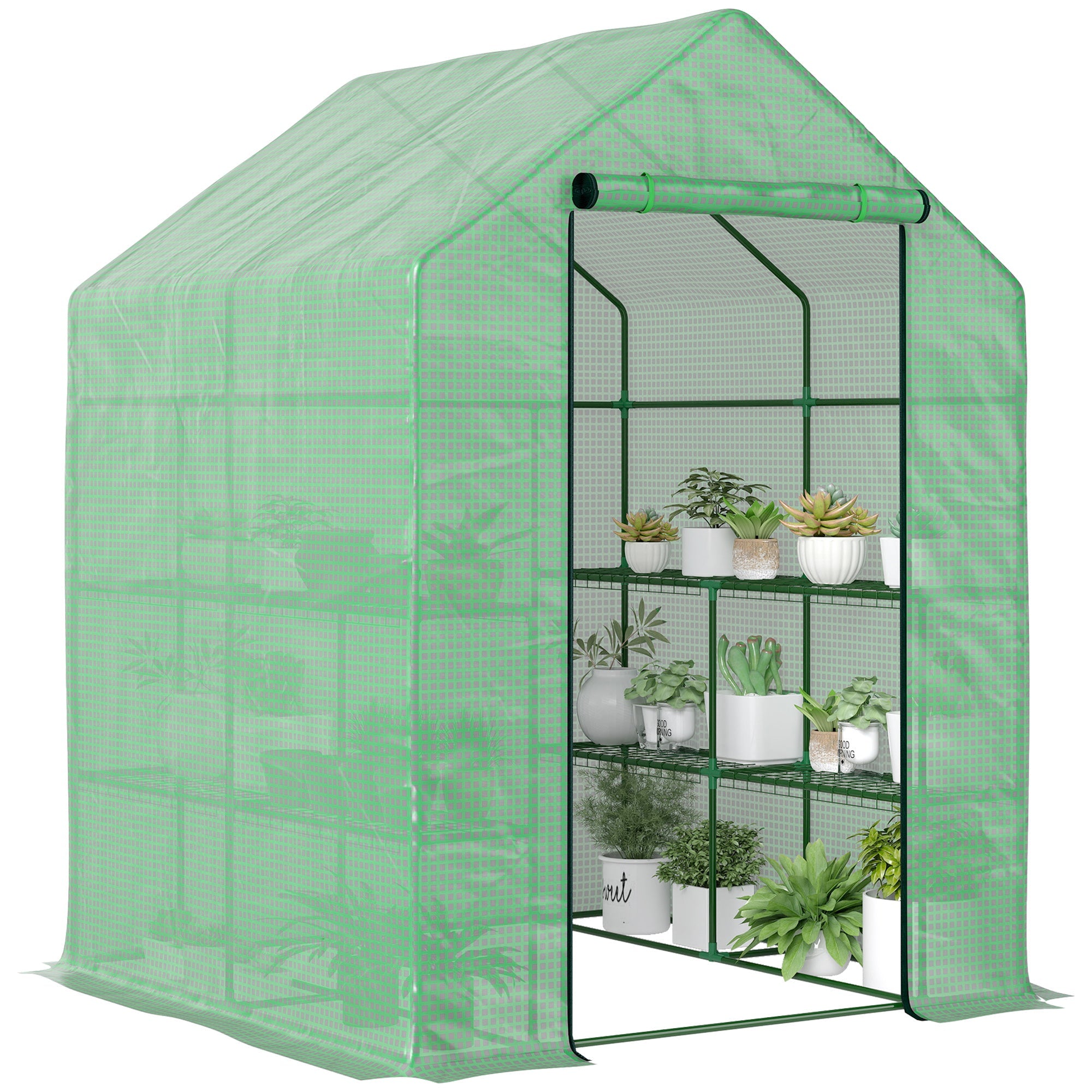 Walk in Greenhouse with Shelves, Steeple, Removable Cover, Green