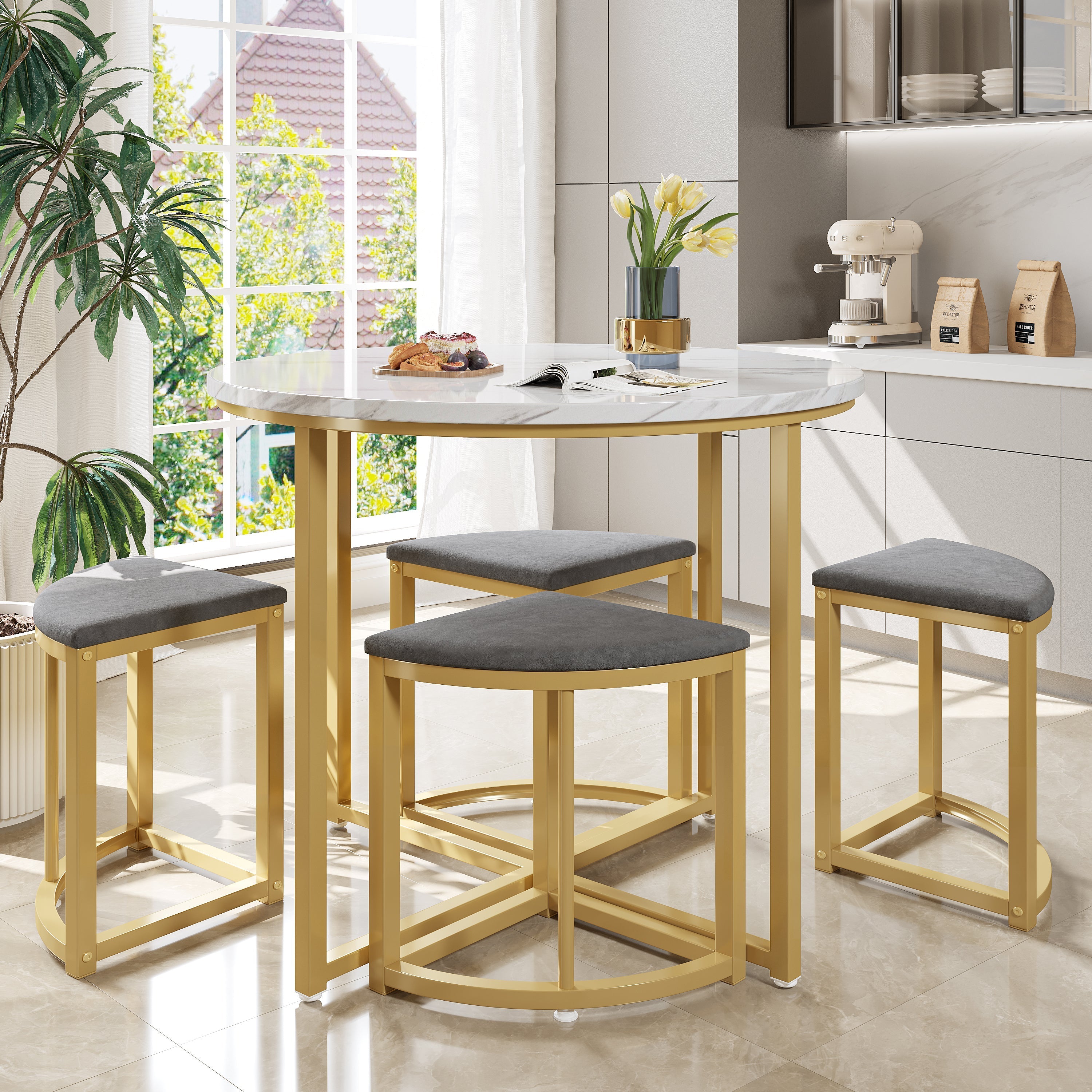 Modern Metal Frame Round Marble Dining Table and Chair Set (5 Pieces) with 4 Semi-Circular Stools