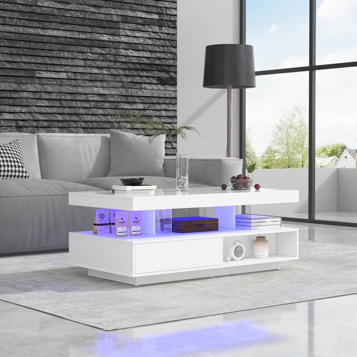 LED Coffee Table with Storage – High Gloss Centre Table with 2 Drawers, White