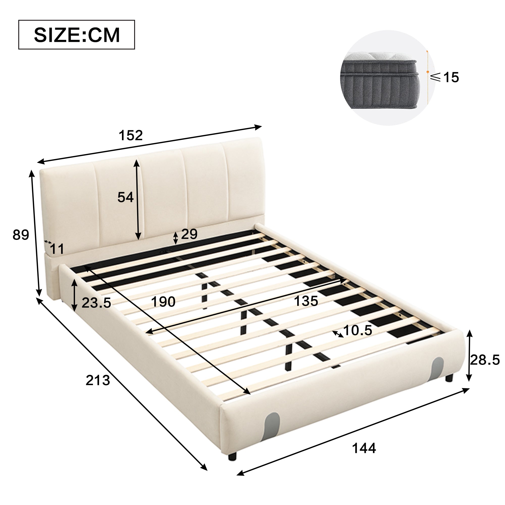 Upholstered Bed for Adults and Teenagers, 4ft6 Double 135x190cm, Durable, Sturdy, Soft Headboard, White Velvet