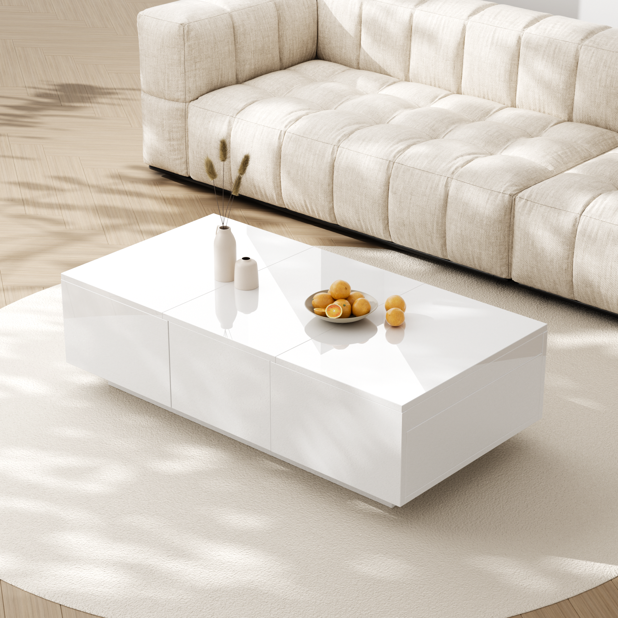 Coffee Table, High-Gloss Living Room with Push-Pull Storage, White