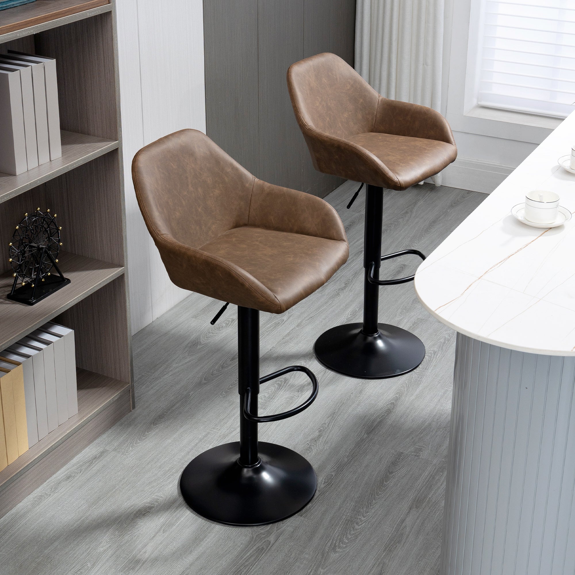 Bar Stools Set of 2, Height Adjustable Swivel with Backs and Armrests, Dark Brown PU Leather