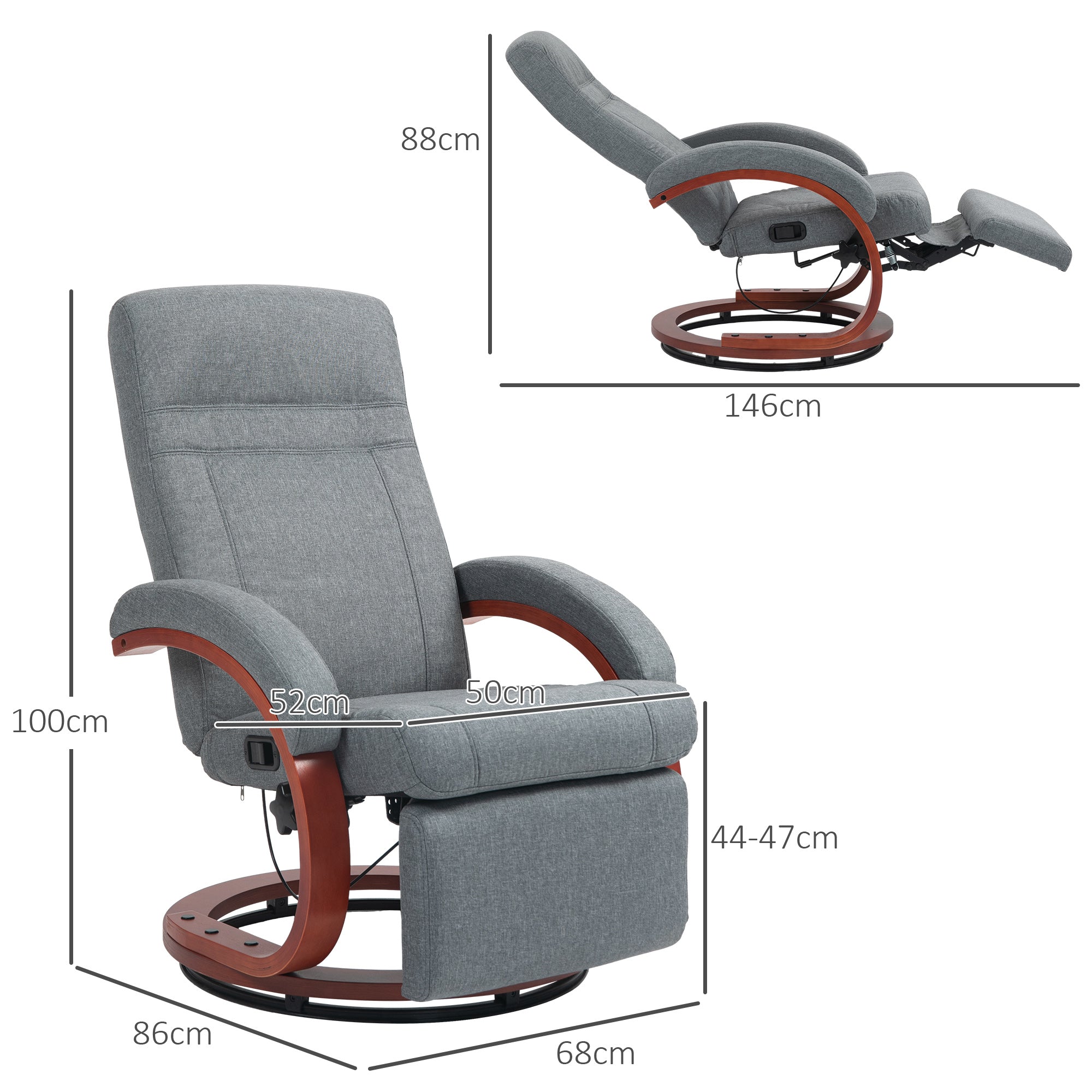 Manual Reclining Swivel Chair with Footrest - Grey