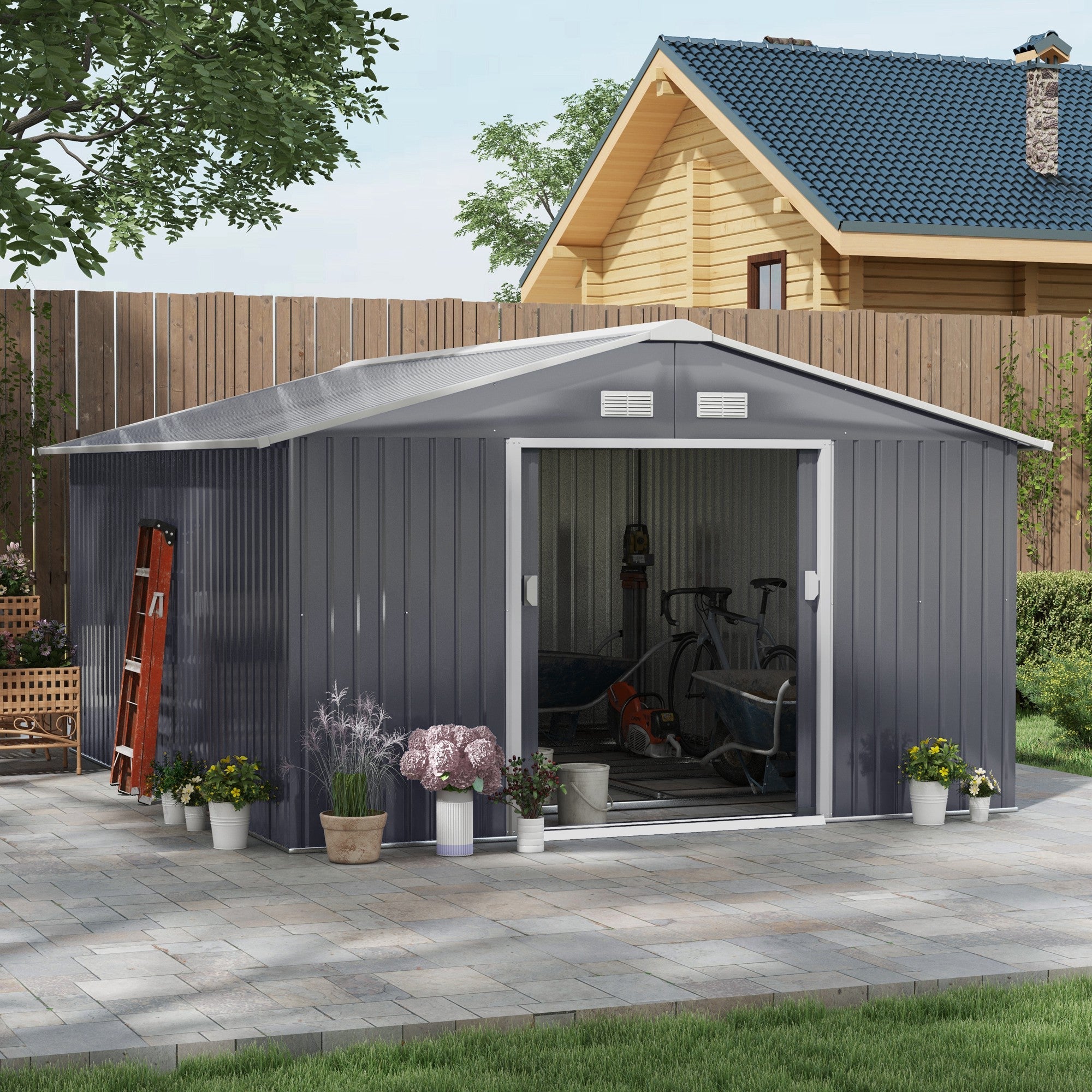 Metal Garden Shed, Outdoor Storage Tool House with Ventilation, Foundation Kit, Lockable Double Doors, Grey