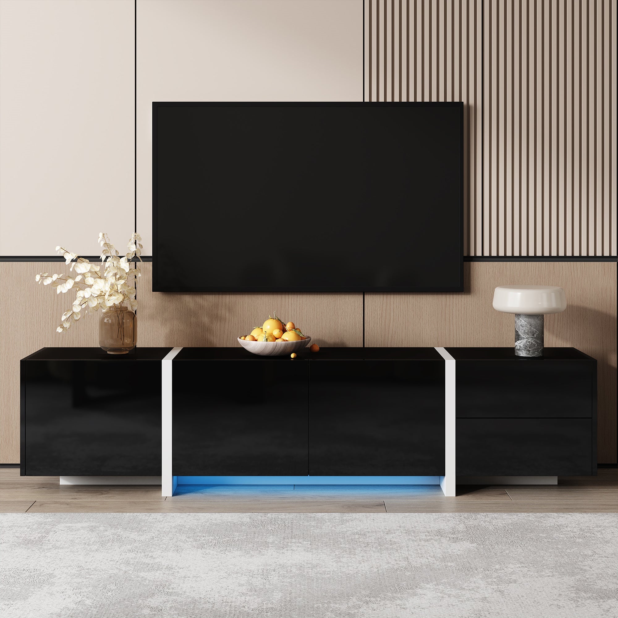 TV Cabinet, High-Gloss with Doors & Drawers, Black & White