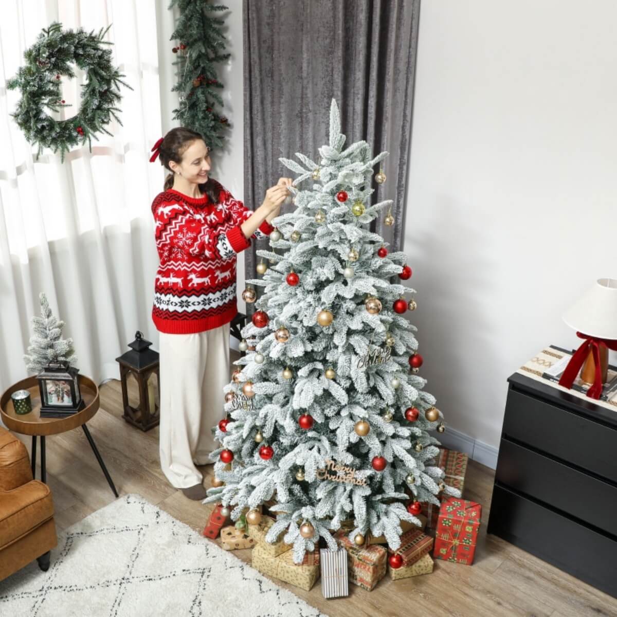 6FT Artificial Flocked Christmas Tree – Full PVC Branches, Hinged Design, Foldable Metal Stand, Easy Assembly
