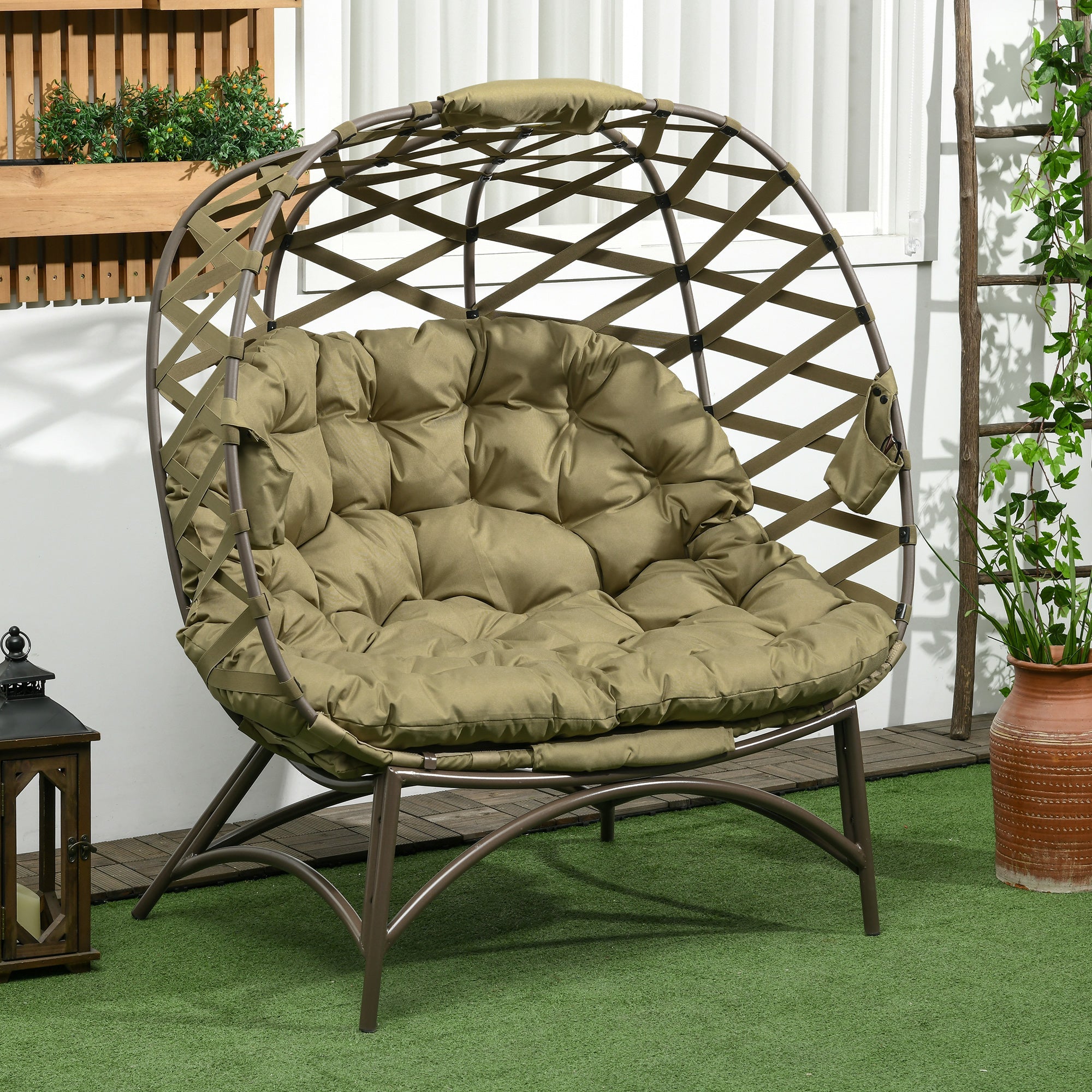 2 Seater Egg Chair Outdoor, Folding Weave Garden Furniture with Cushion, Khaki
