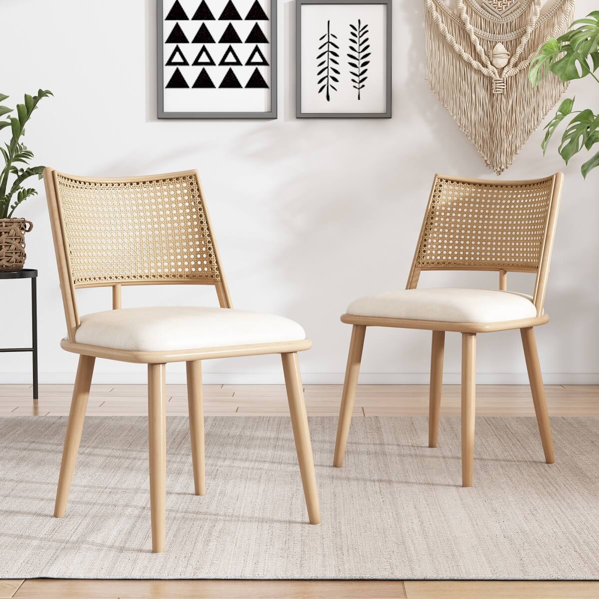 Set of 2 PU & Rattan Kitchen Chairs ¨C Bamboo Frame Retro Side Chairs for Home, Caf¨¦ & Restauran