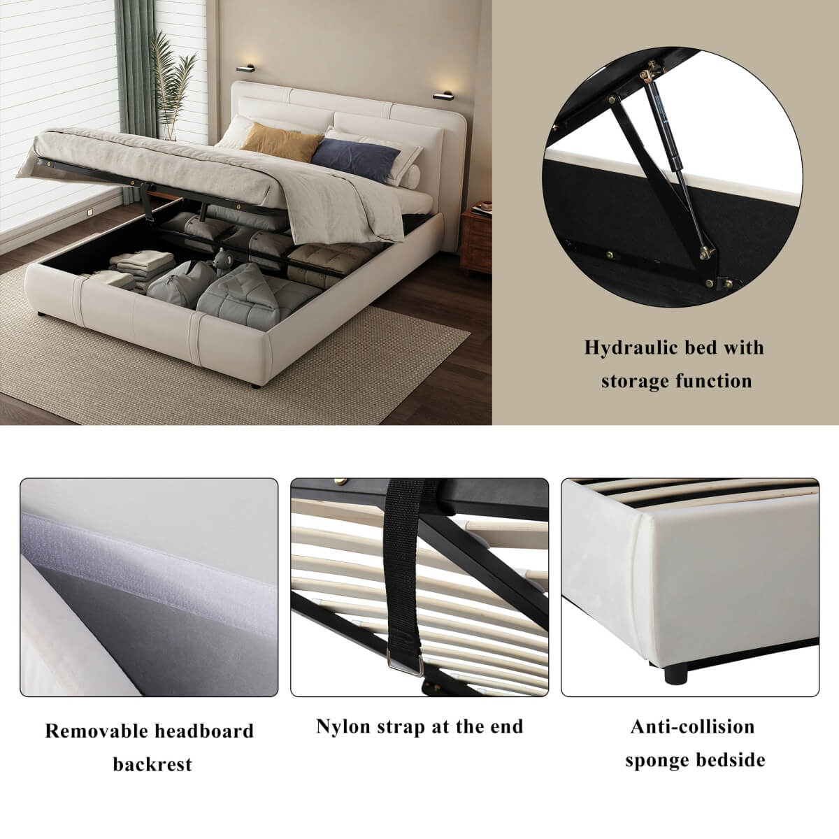 4ft6 Double Upholstered Storage Bed – Hydraulic Lift, Velvet Bed Frame with Removable Headboard, Beige