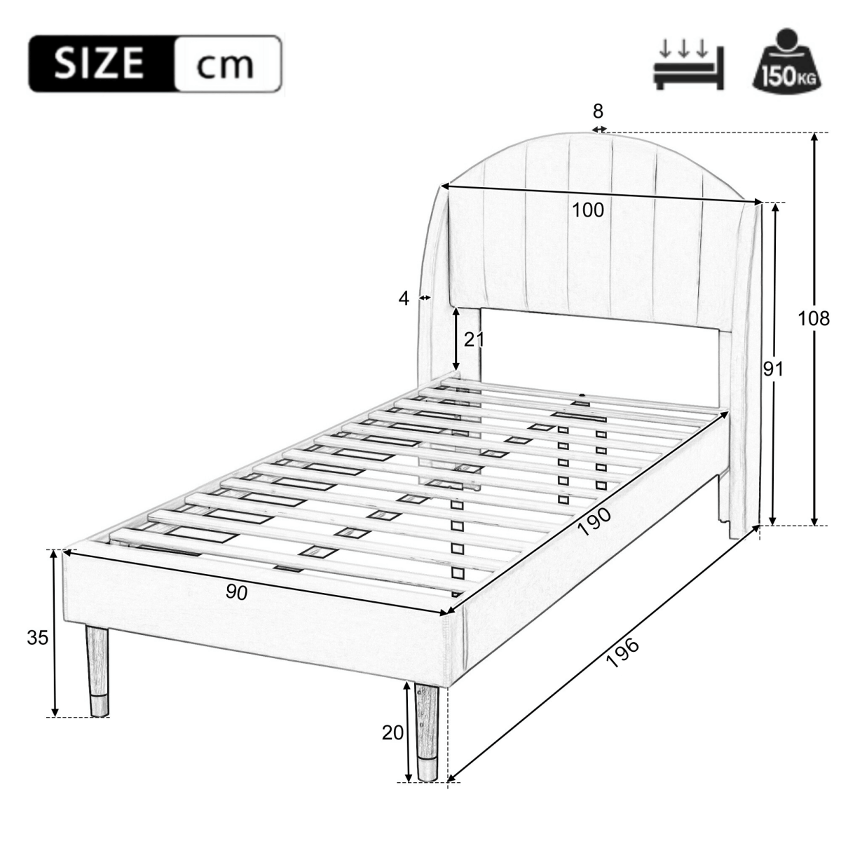 3ft Single Kids Bed - Velvet Upholstered Bed with Slatted Frame & Headboard