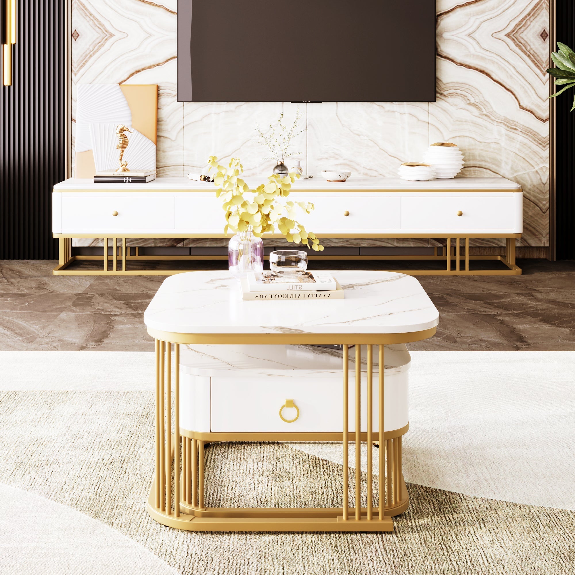 Nestable Coffee Table: High Gloss Marble Exterior, Gold Accents, Side Table with Drawer. Set of Two