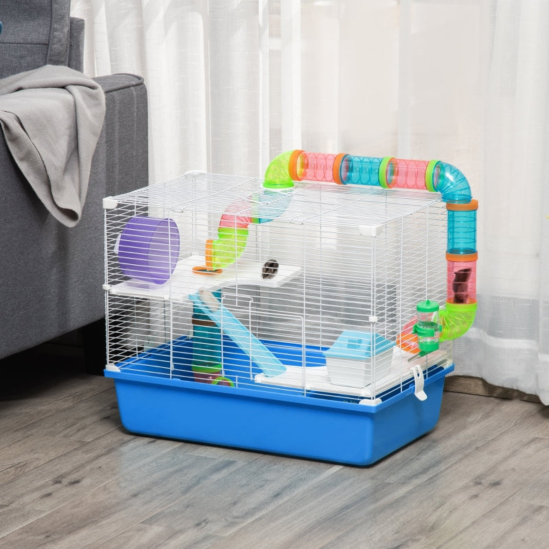Hamster Cage, Gerbil Cage 3 Tier with Tube, Exercise Wheel, Water Bottle, Food Dish - Blue