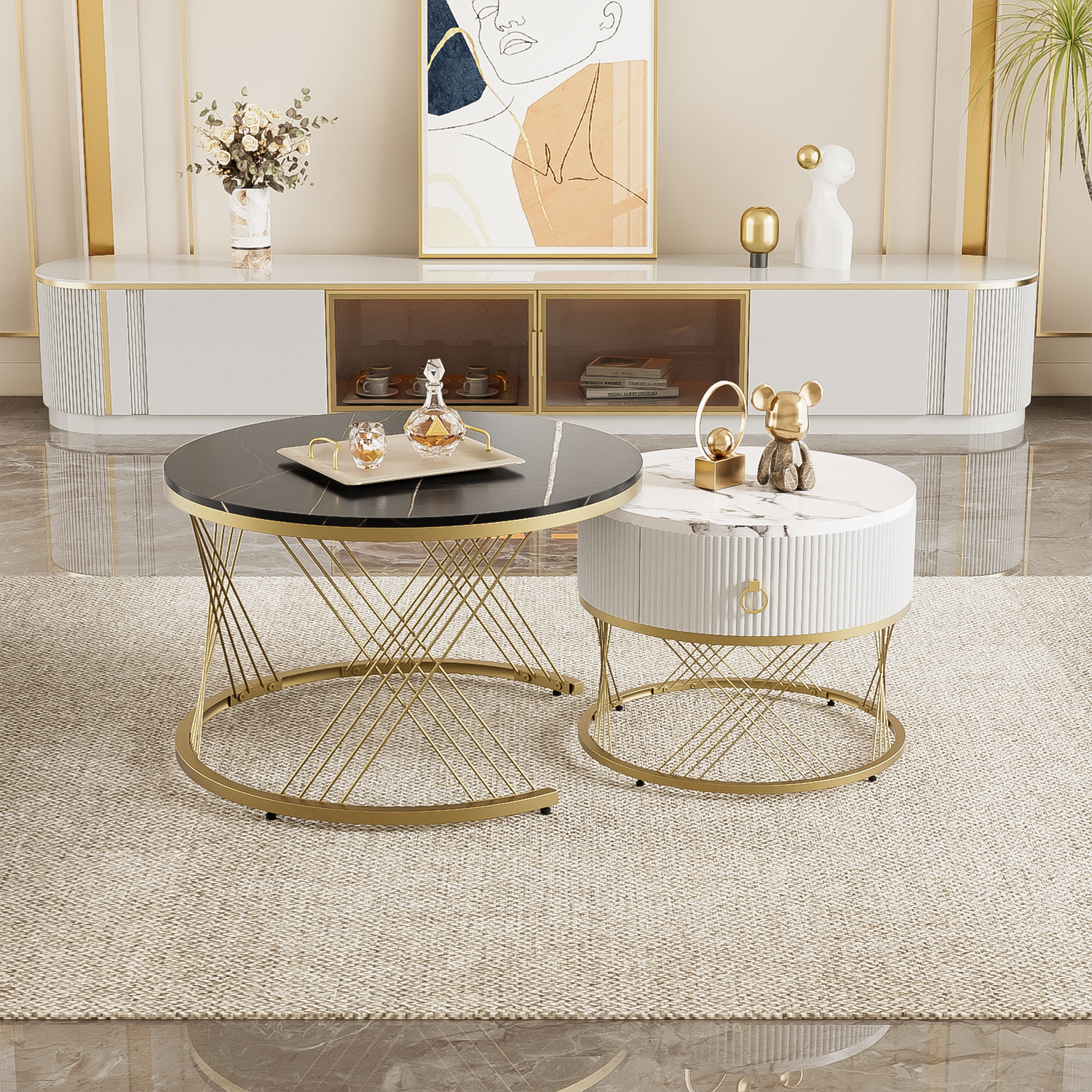 Elegant nesting Coffee Table: Marble Look, Gold Decor, Side Table with Drawers - Set of 2