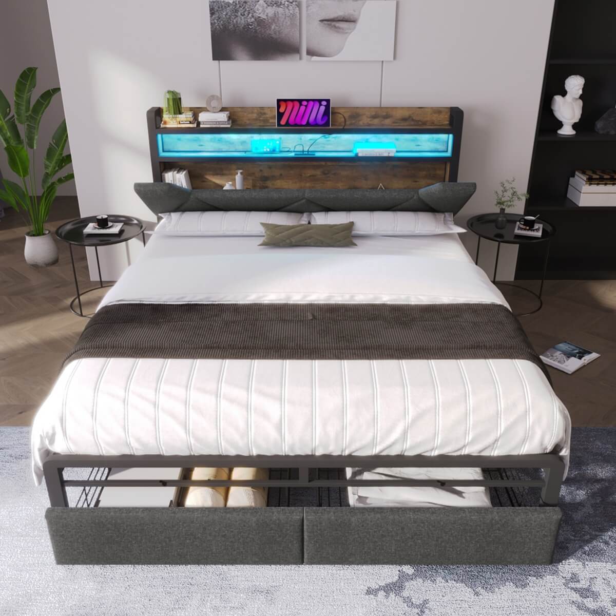 4FT6 Double Upholstered Storage Bed - LED Bed Frame with USB-C Charging & Storage Headboard