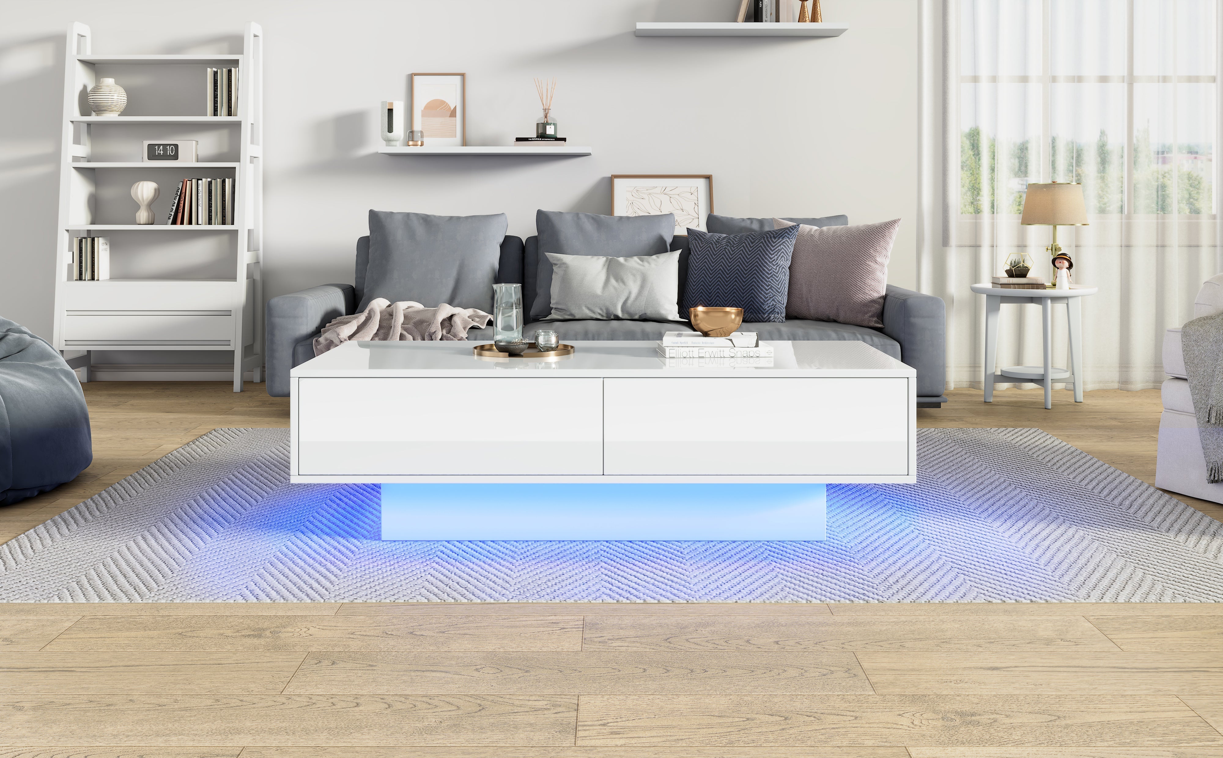 White High Gloss LED Coffee Table with 16 Colors LED Lights and 2 Drawers