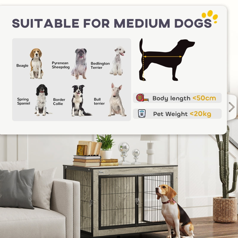 Dog Crate Furniture, Double Doors with Wheels, for Medium Dogs, Grey