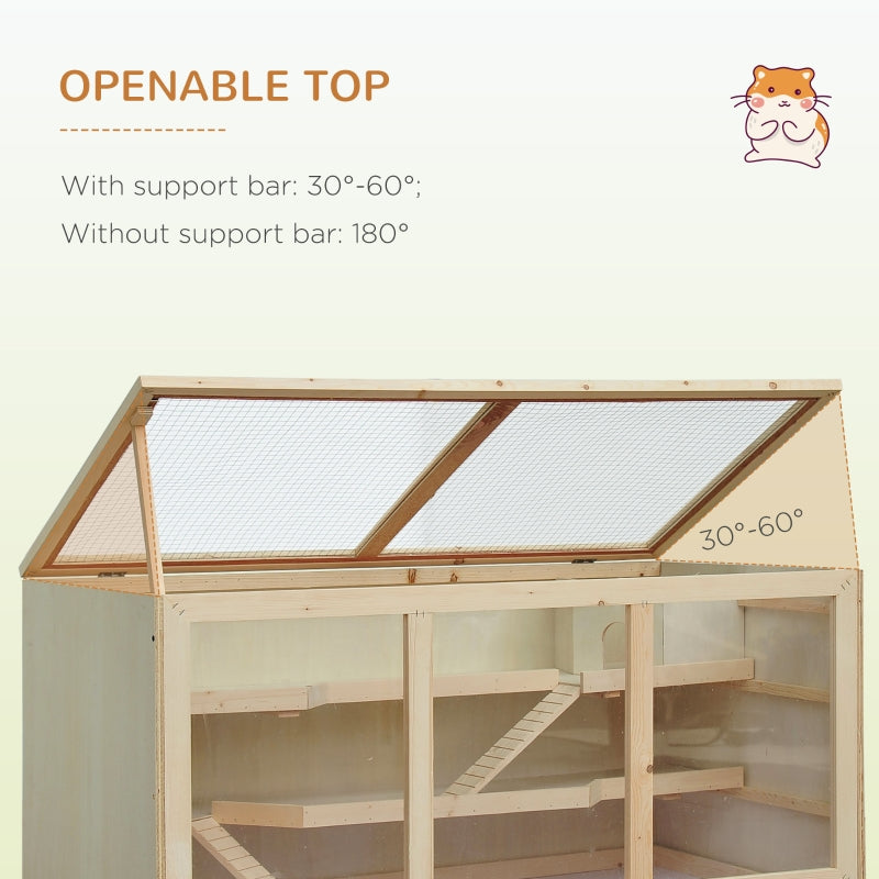 Hamster Cage with Tray, Openable Top, Exercise Play House, Natural Wood