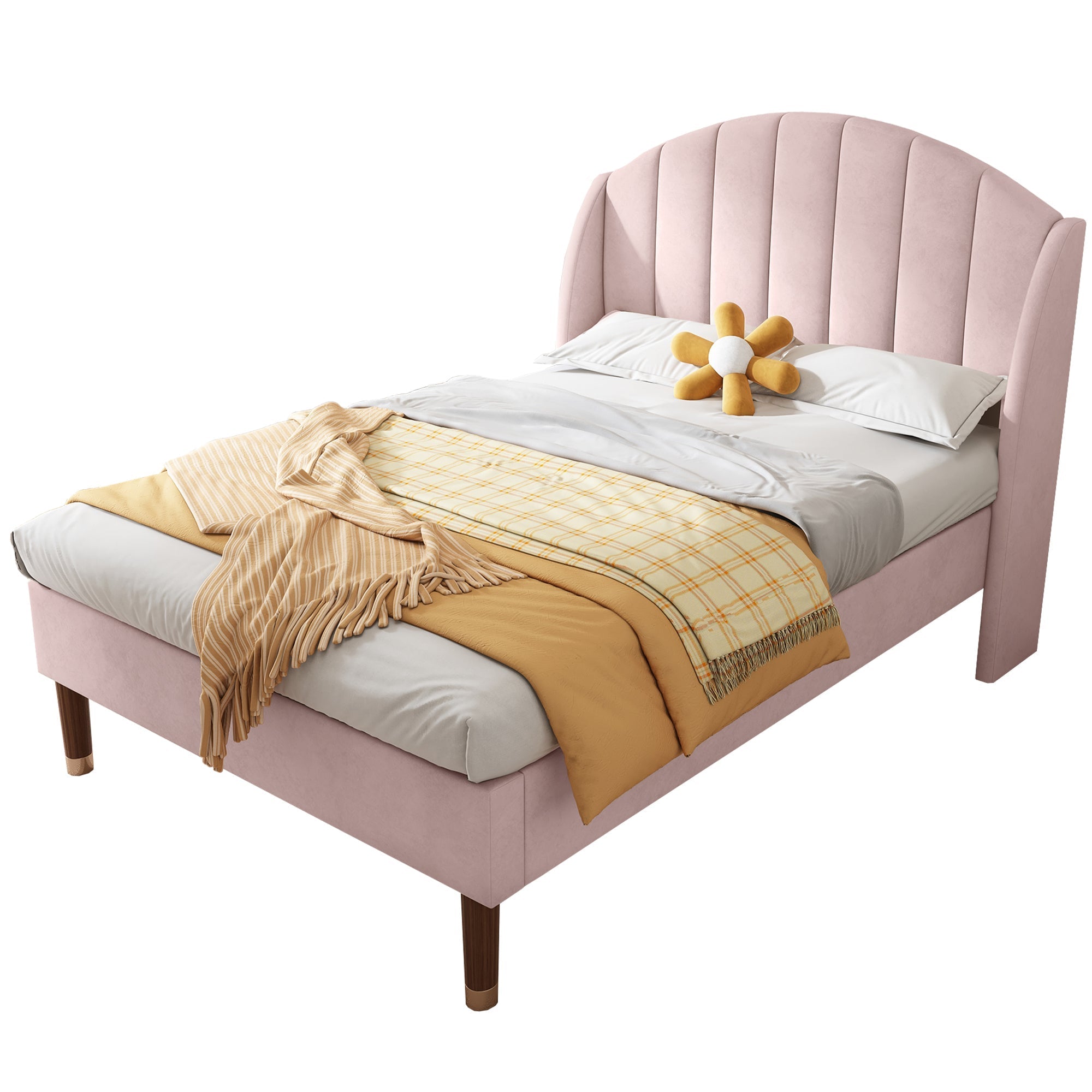 Upholstered Bed, Single Bed - 3ft(90*190cm) with Slatted Frame and Headboard, Pink Velvet