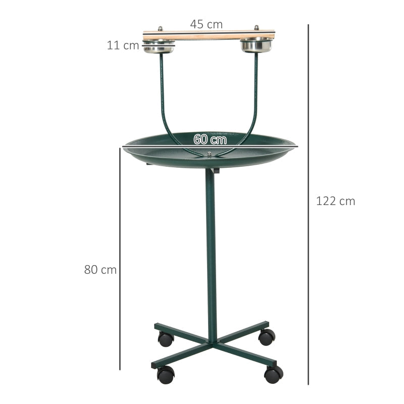 Bird Perch Stand, Four Wheels Feeding Bowls, Green