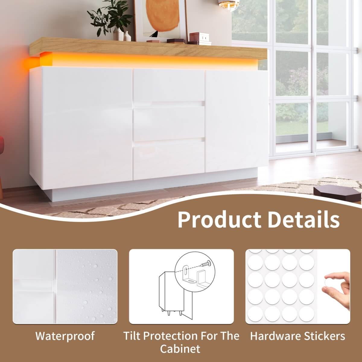 High Gloss Chest of Drawers – 2 Doors & 3 Drawers Sideboard Cabinet with RGB LED, App-Controlled Storage for Living Room & Bedroom