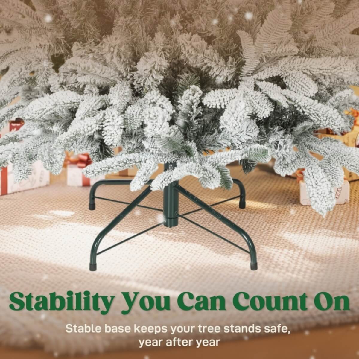 6FT Artificial Flocked Christmas Tree – Full PVC Branches, Hinged Design, Foldable Metal Stand, Easy Assembly