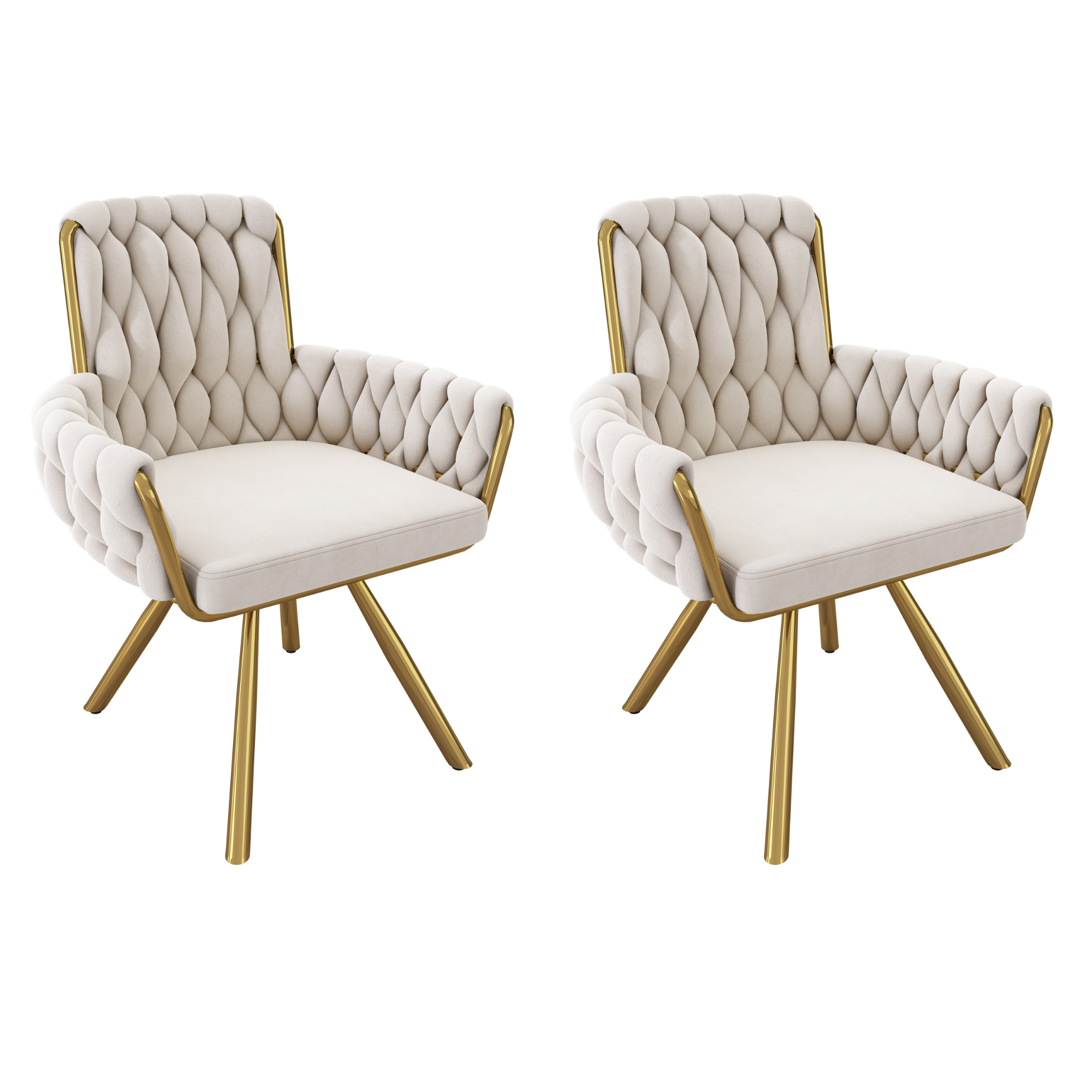 Set of 2 Velvet Swivel Dining Chairs – Beige Armchairs with Metal Legs, Luxury Living & Bedroom Chairs