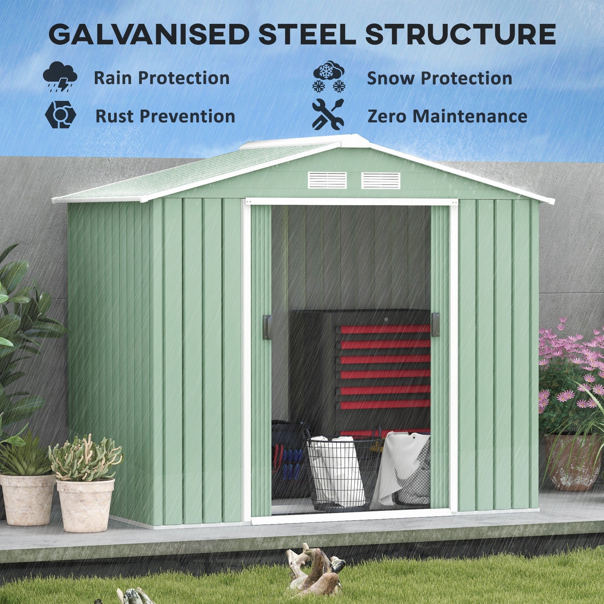 Metal Garden Shed 7 x 4ft, Outdoor Storage Tool House with Ventilation Slots, Foundation Kit and Lockable Double Doors, Light Green