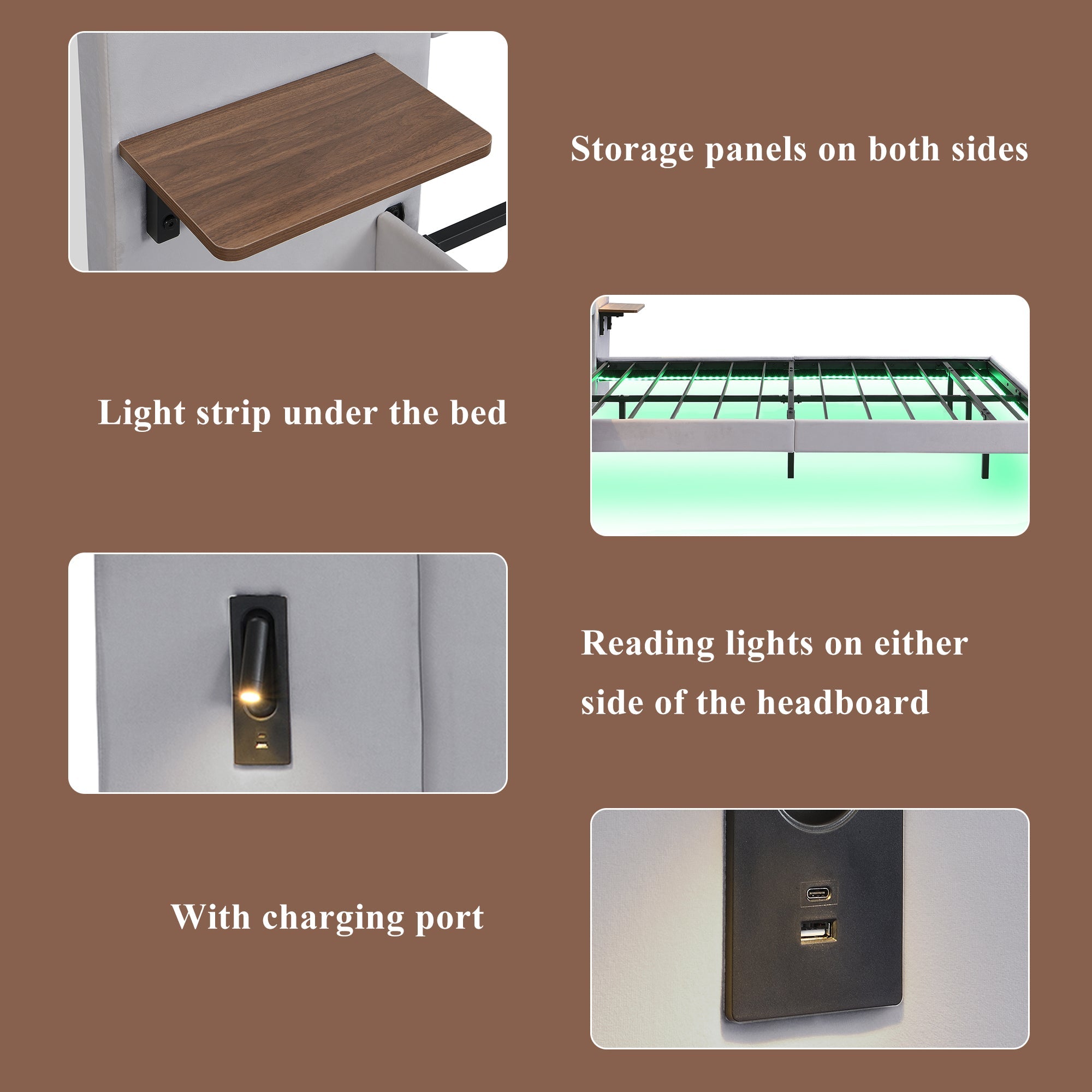 Upholstered Bed with Lamps, Charging Socket, Storage, and Light Strip, Velvet+Iron Grey