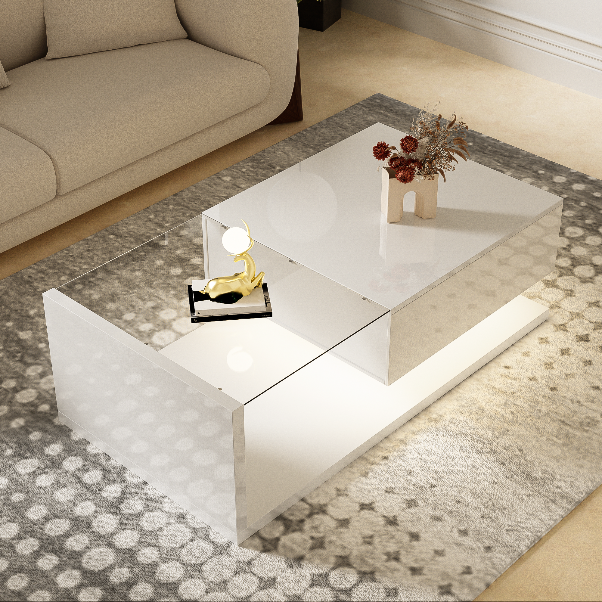Coffee table, high-gloss white. Side tables, coffee tables with glass and LED
