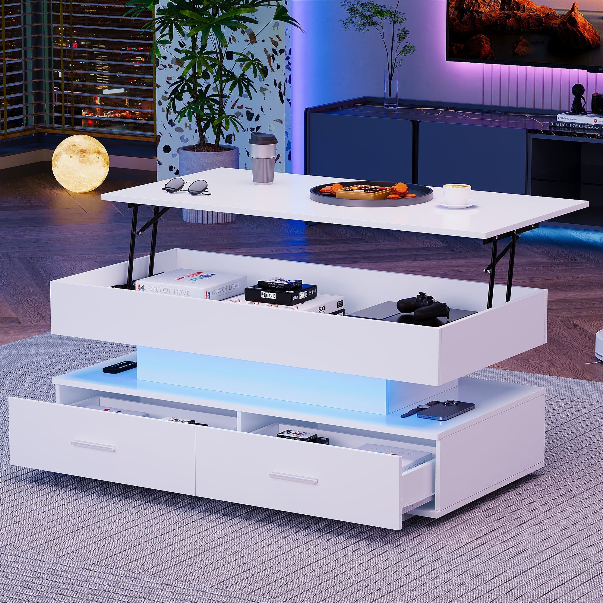 Hydraulic Lift Top Coffee Table with LED Lights, Storage, 2 Drawers, White