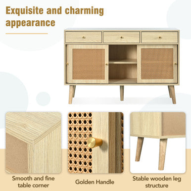 Modern Retro Rattan Sideboard with 3 Drawers and Wooden Frame