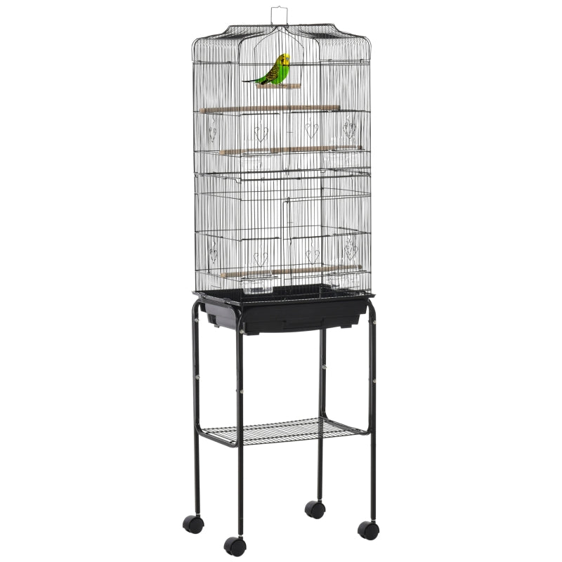 Bird Cage with Stand Wheels Slide-out Tray Storage Shelf, Black