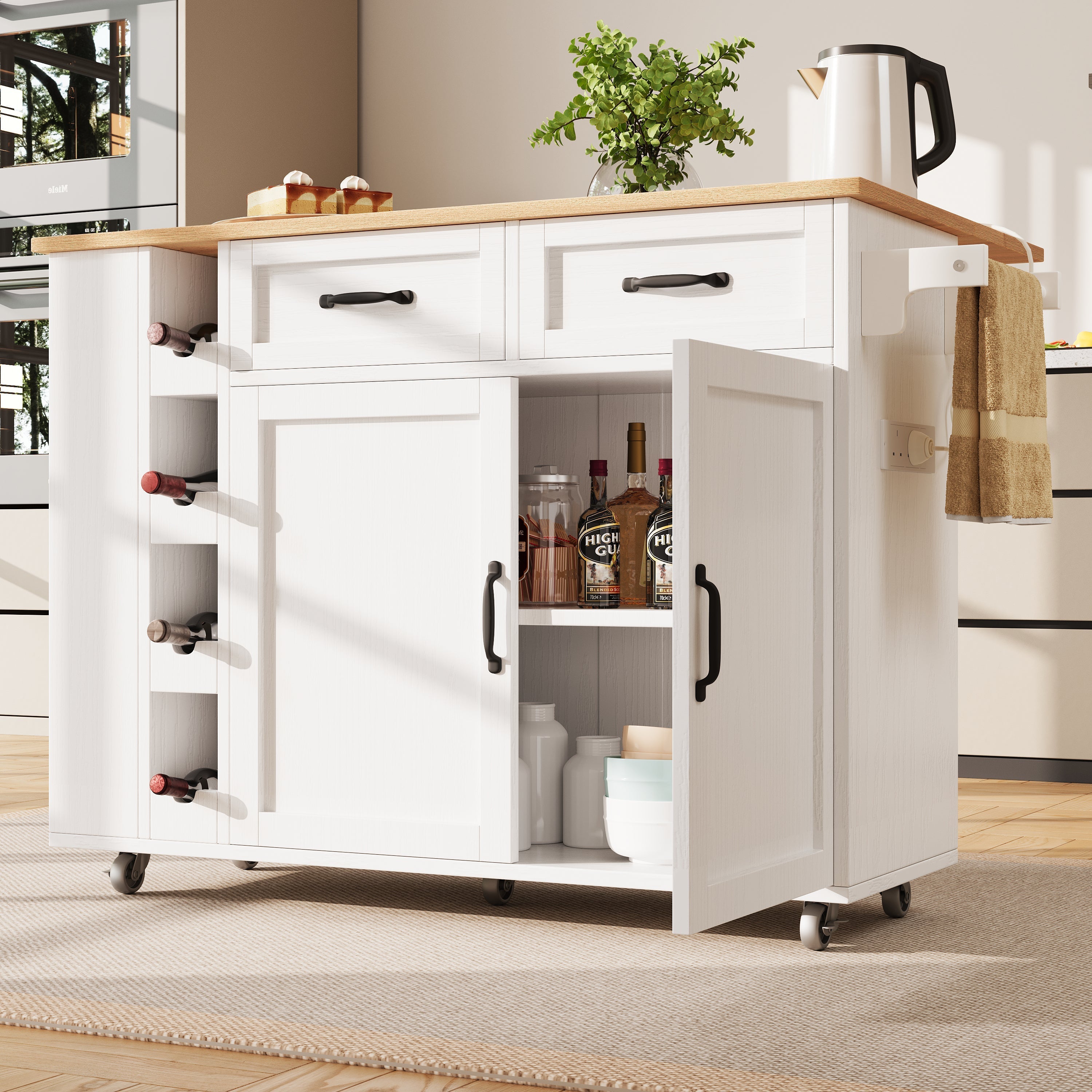 Kitchen Island with Power Strip and Wine Rack, White Wood Grain