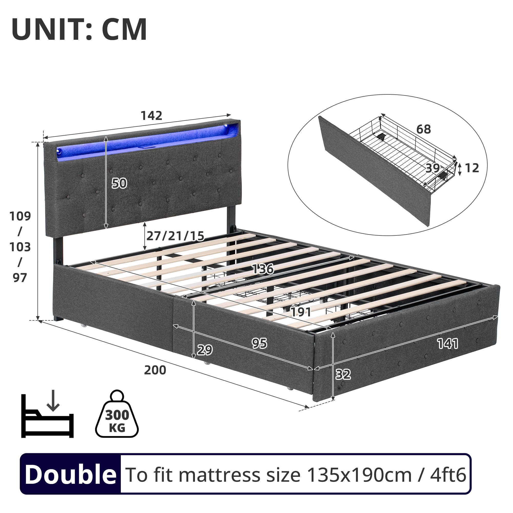 4ft6 Double Upholstered Bed with 4 Storage Drawers, LED Charging Station, Linen Grey