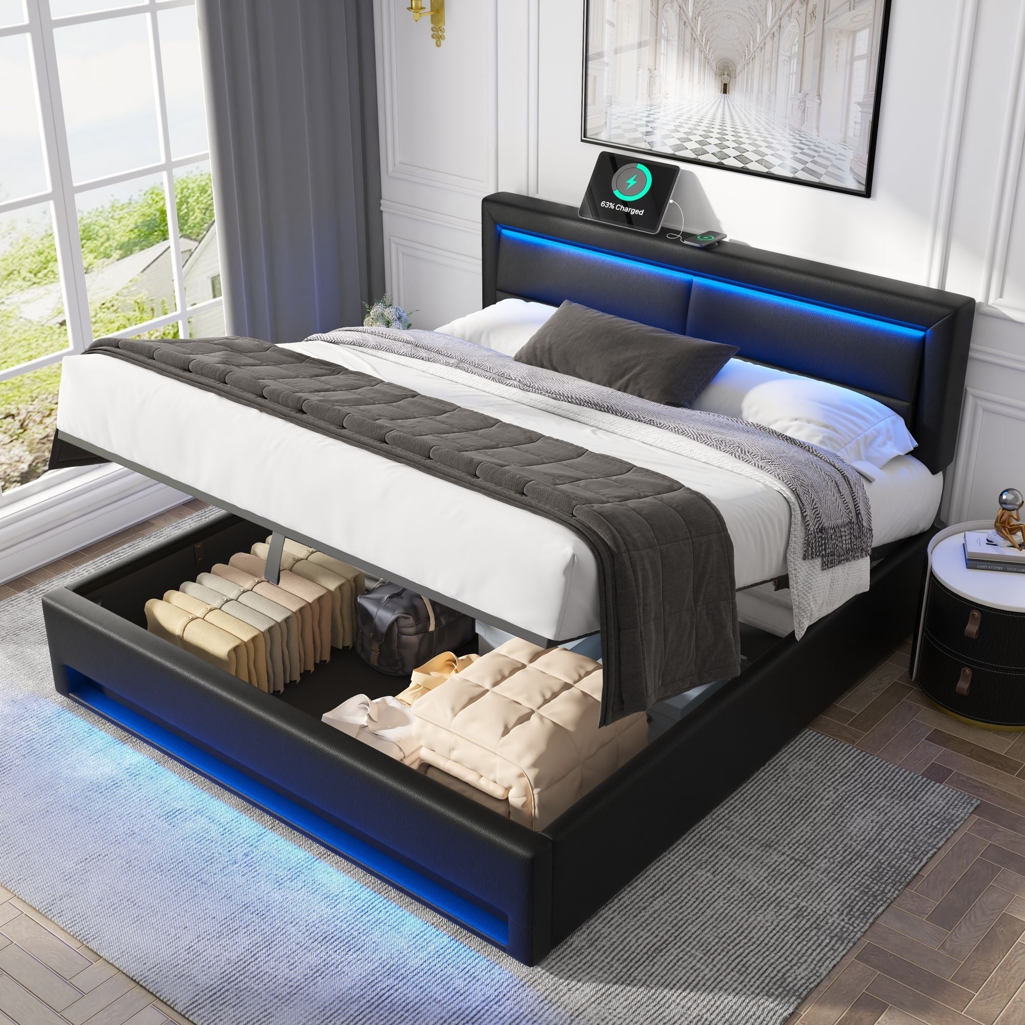 Upholstered Bed 150x200cm King Size, with USB & LED Lighting, Storage, Black PU Leather