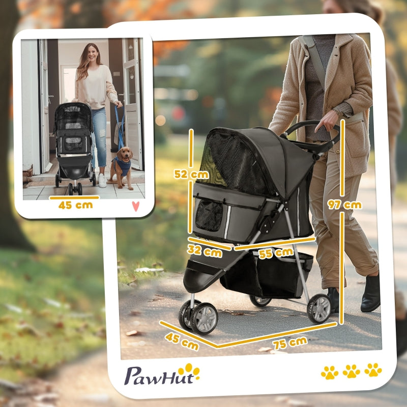 Pet Stroller with Zipper, 3 Wheel Removable & Washable Bottom Pad, Charcoal Grey