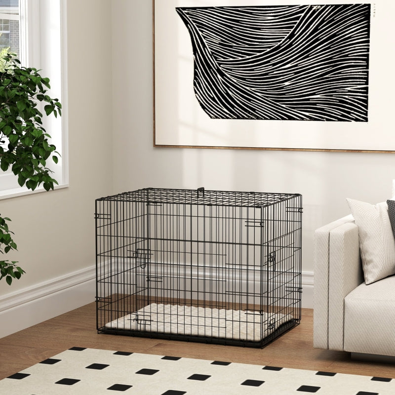 Dog Crate Foldable with 2 Doors, Tray & Soft Cushion, Black